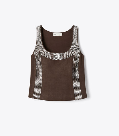 Tory Burch Embellished Linen Top - Light Chocolate