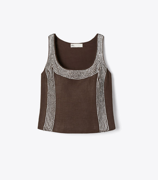 Tory Burch Embellished Linen Top - Light Chocolate