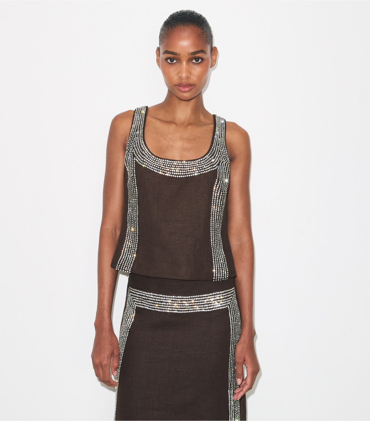 Tory Burch Embellished Linen Top - Light Chocolate