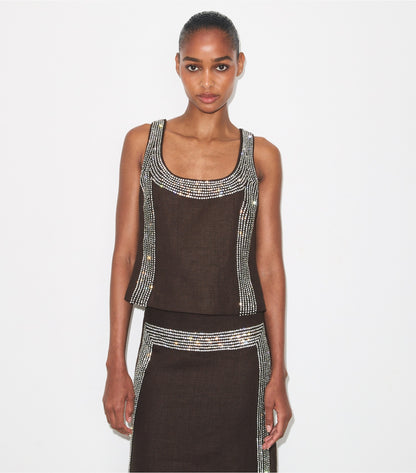 Tory Burch Embellished Linen Top - Light Chocolate