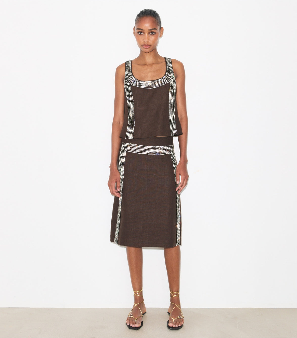Tory Burch Embellished Linen Top - Light Chocolate