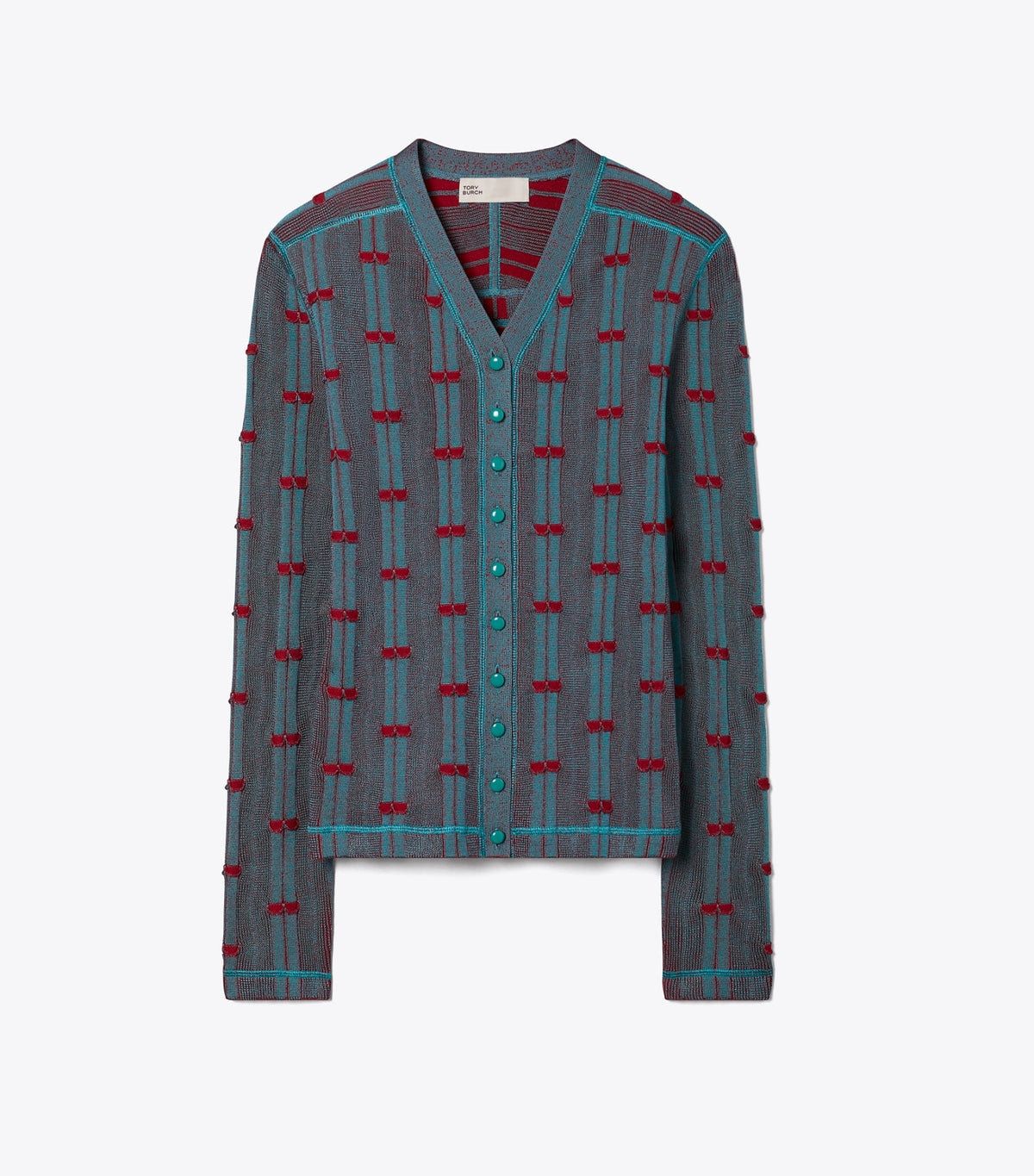 Tory Burch Ribbed Viscose Cardigan - Mermaid / Bordeaux
