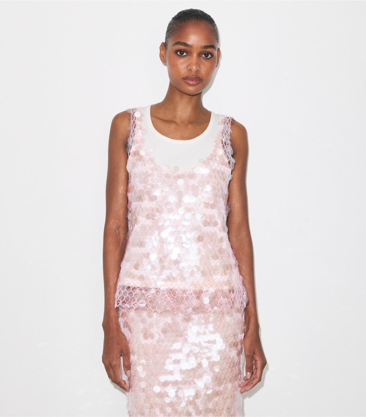 Tory Burch Sequin Mesh Top - Snow White / Light Pink
