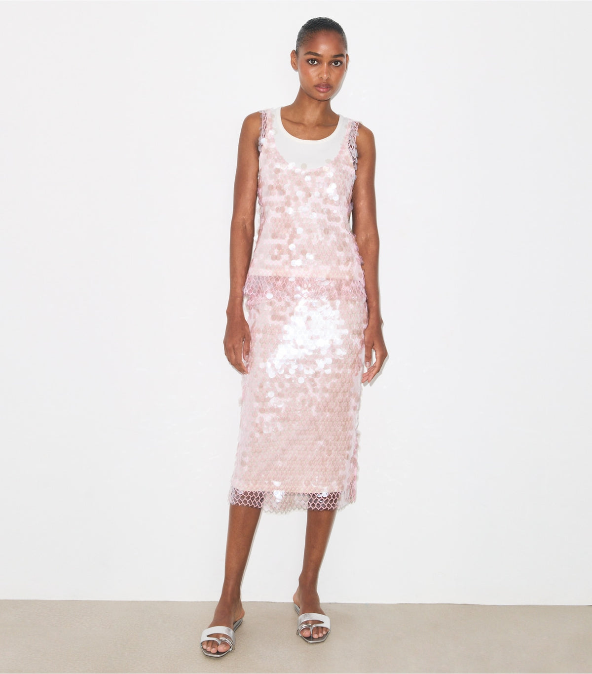 Tory Burch Sequin Mesh Top - Snow White / Light Pink