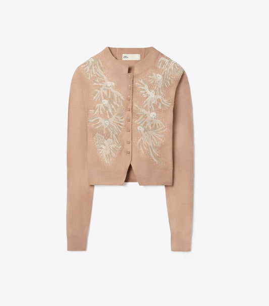 Tory Burch Embellished Wool Cardigan - Taupe