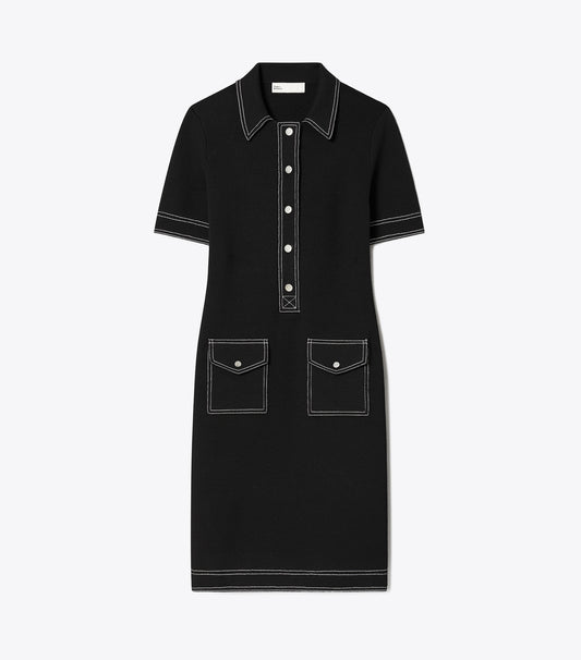 Tory Burch Topstitch Wool Camp Dress - Black
