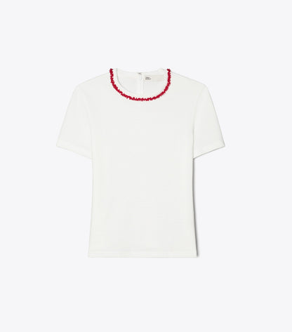 Tory Burch Embellished Cotton T-Shirt - Snow White / Bright Red