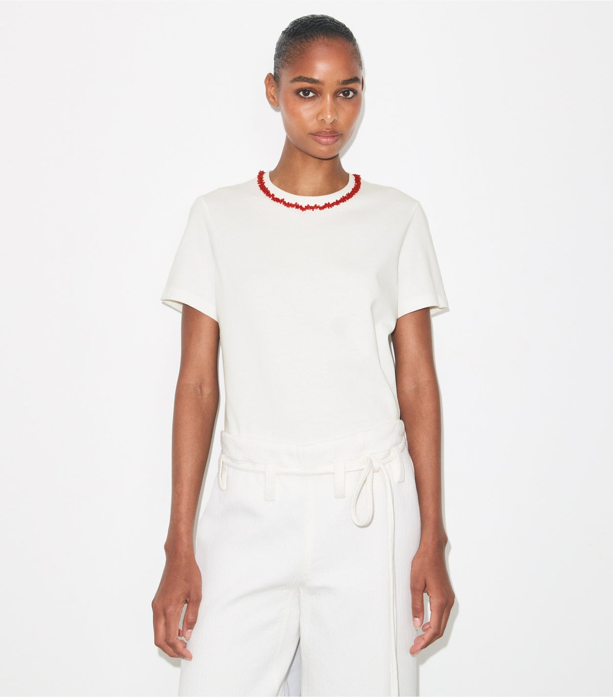 Tory Burch Embellished Cotton T-Shirt - Snow White / Bright Red