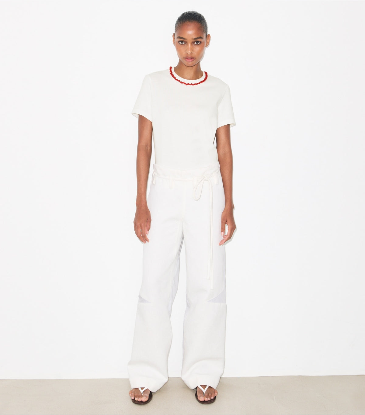 Tory Burch Embellished Cotton T-Shirt - Snow White / Bright Red