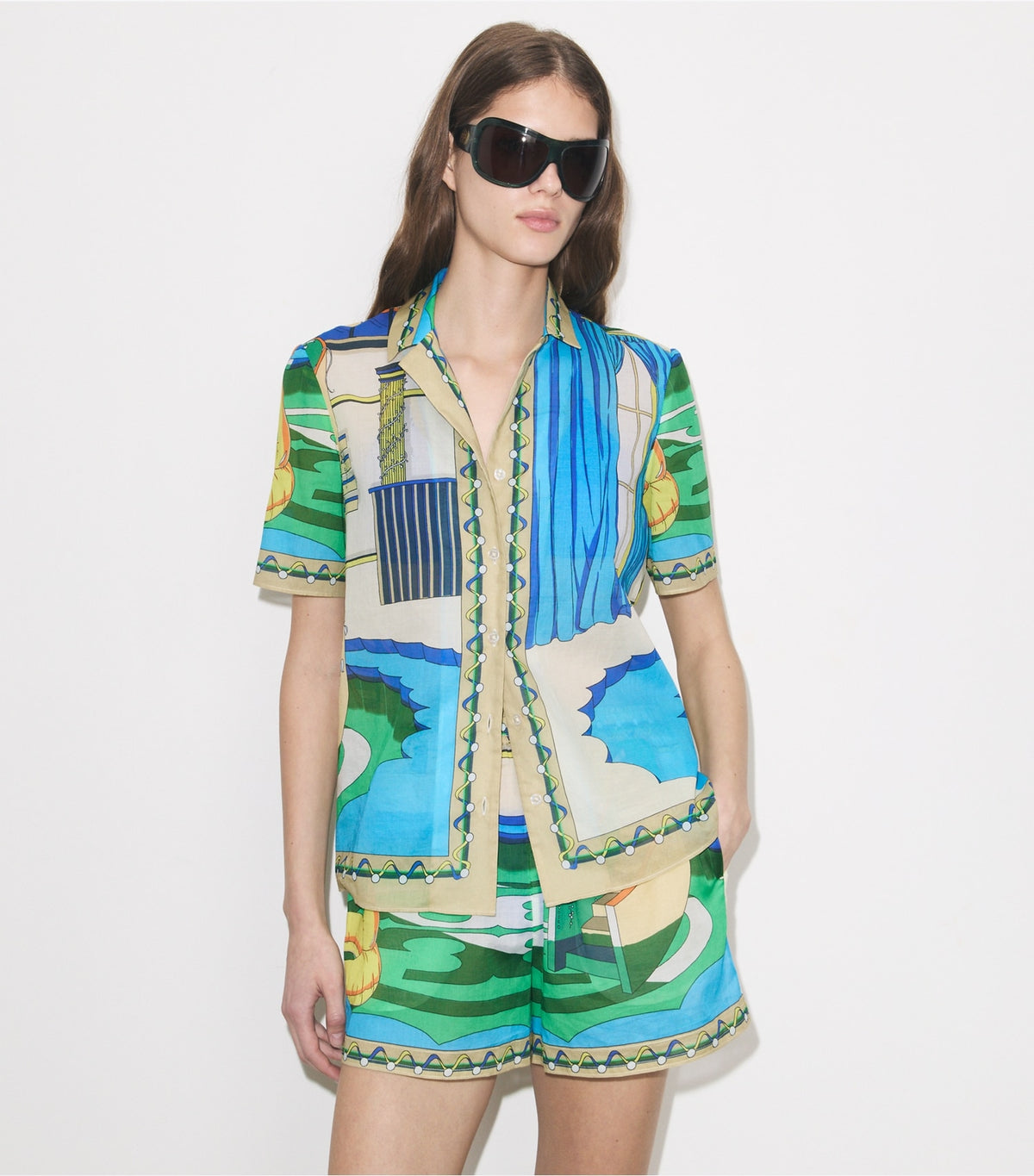 Tory Burch Printed Camp Shirt - The Pool Blue
