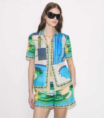 Tory Burch Printed Camp Shirt - The Pool Blue
