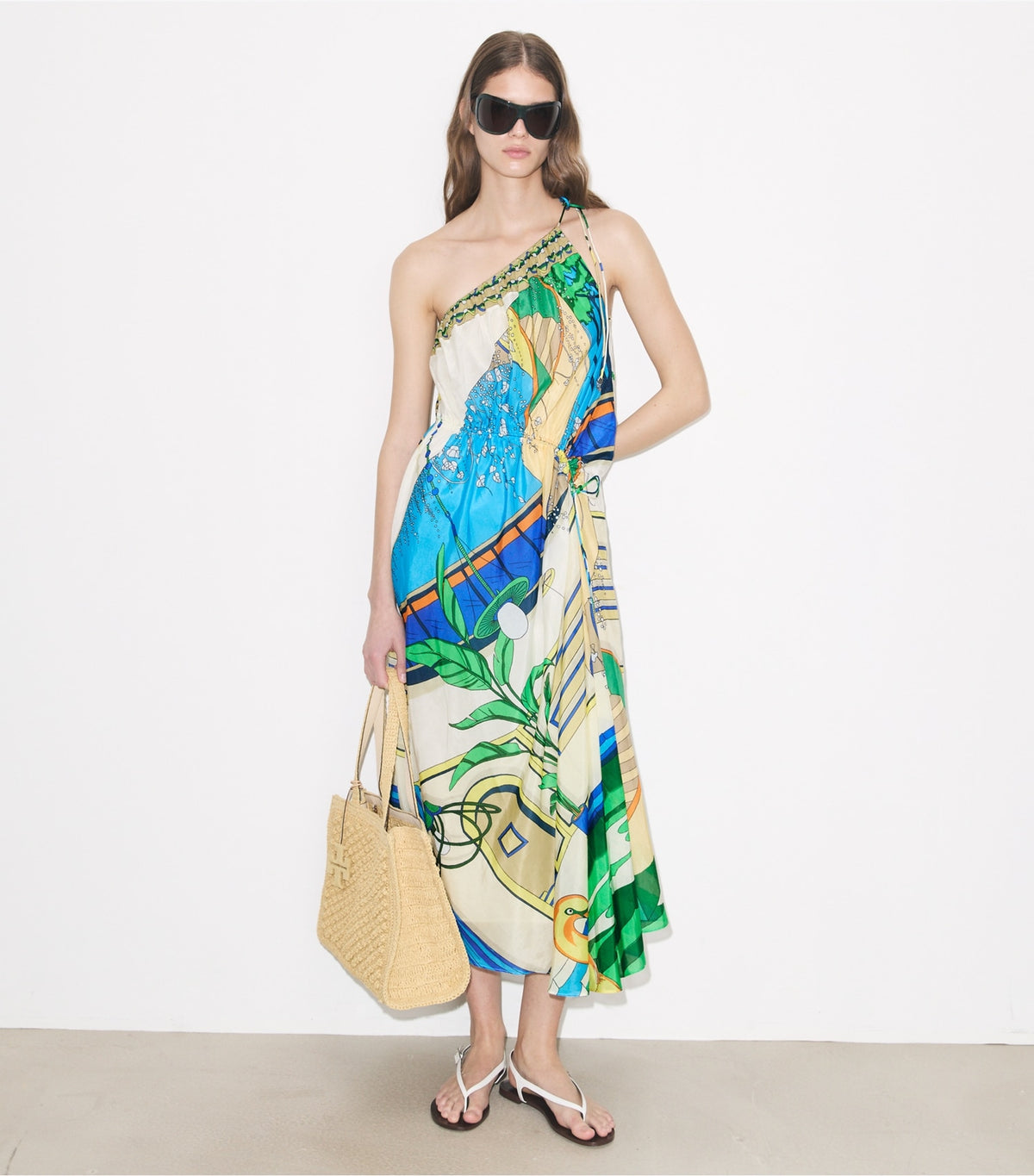 Tory Burch Printed One-Shoulder Cotton Dress - The Pool Blue