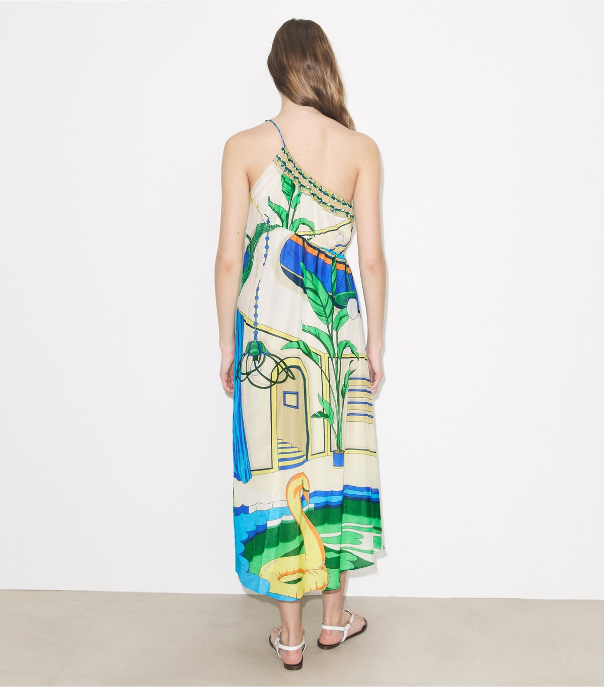 Tory Burch Printed One-Shoulder Cotton Dress - The Pool Blue