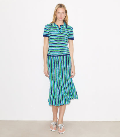 Tory Burch Striped Cotton Skirt - Ocean / Light  Blue / Green