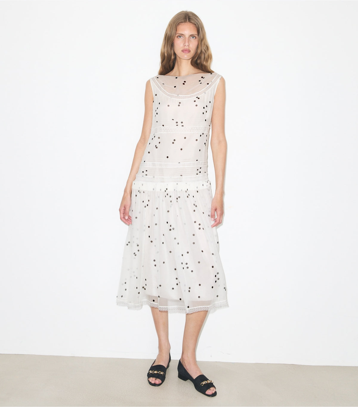 Tory Burch Pleated Silk Lace Dress - Black Dots