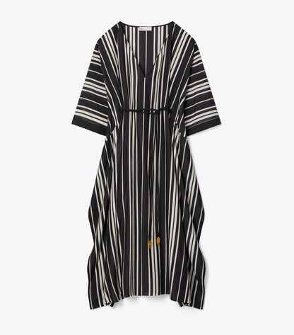 Tory Burch Belted Striped Silk Caftan - Black Stripe