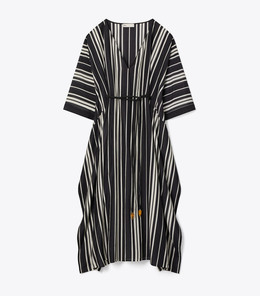 Tory Burch Belted Striped Silk Caftan - Black Stripe