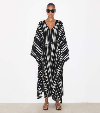 Tory Burch Belted Striped Silk Caftan - Black Stripe