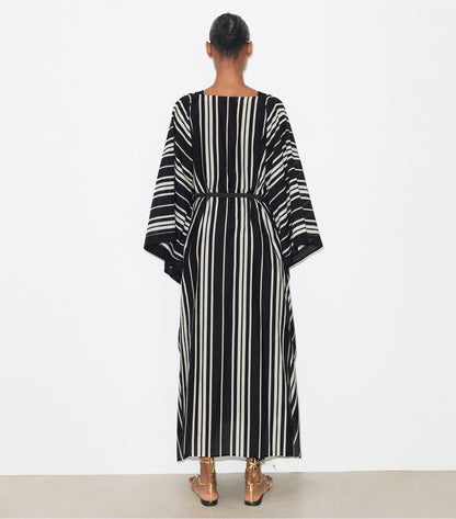 Tory Burch Belted Striped Silk Caftan - Black Stripe