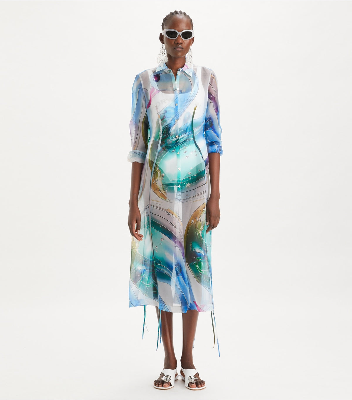 Tory Burch Silk Organza Shirtdress - Blue Glass Swan Large