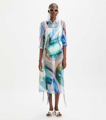 Tory Burch Silk Organza Shirtdress - Blue Glass Swan Large