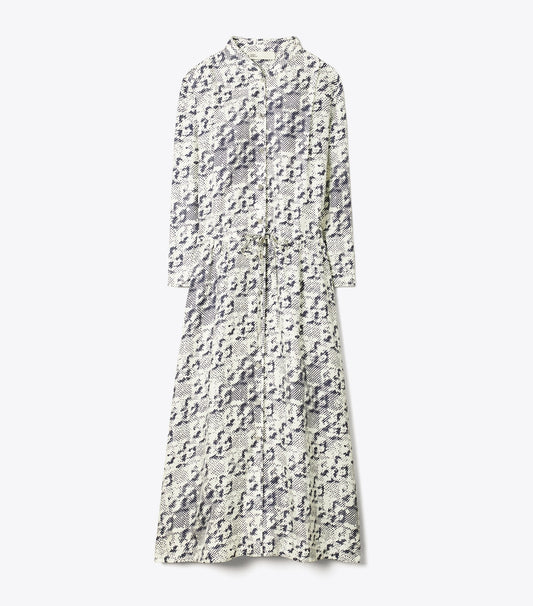 Tory Burch Silk Midi Dress - New Ivory Distressed Pixelated Logo