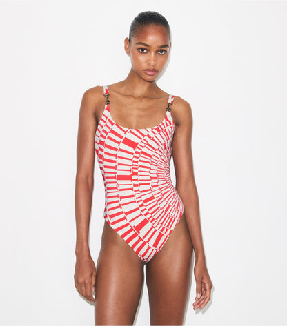 Tory Burch Printed Clip Tank Swimsuit - Red Circle T