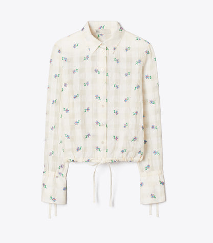 Tory Burch Embroidered Linen Blouse - Ivory Embroidered Gingham