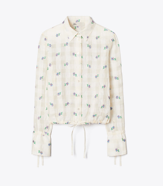 Tory Burch Embroidered Linen Blouse - Ivory Embroidered Gingham