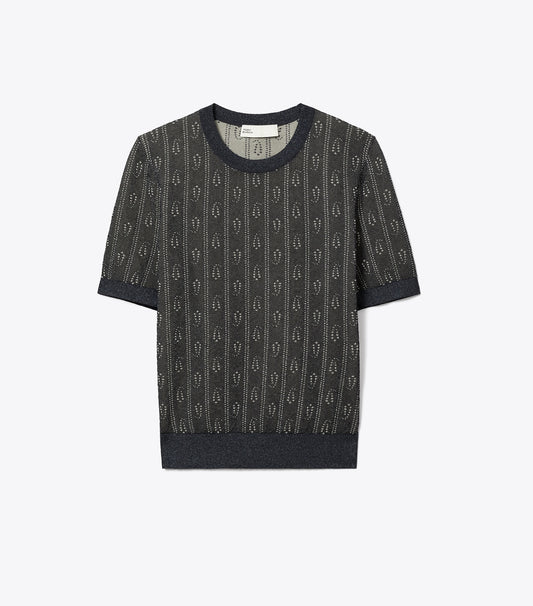 Tory Burch Jacquard Crewneck Top - Metallic Navy / Champagne