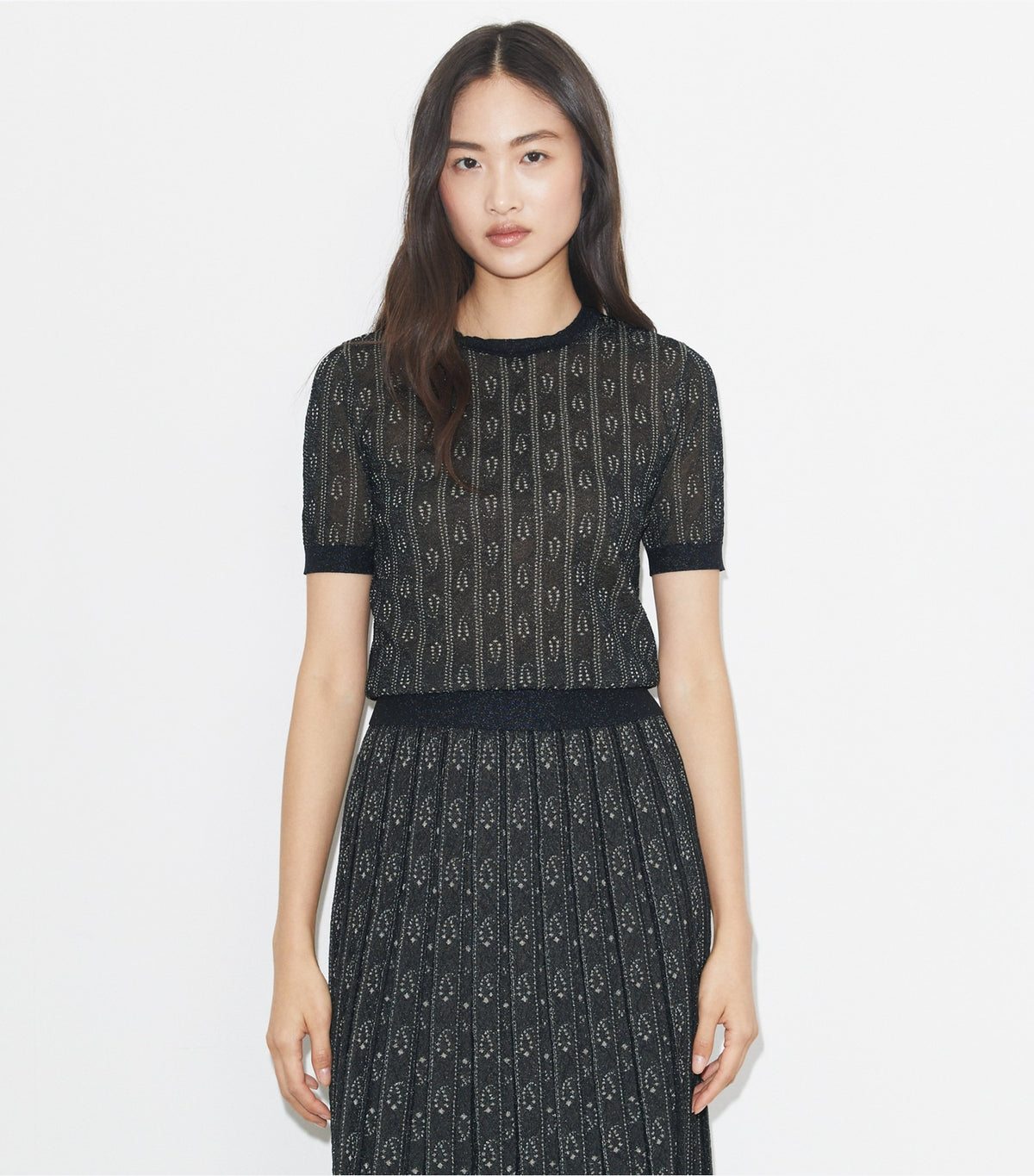 Tory Burch Jacquard Crewneck Top - Metallic Navy / Champagne