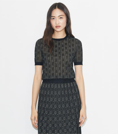 Tory Burch Jacquard Crewneck Top - Metallic Navy / Champagne