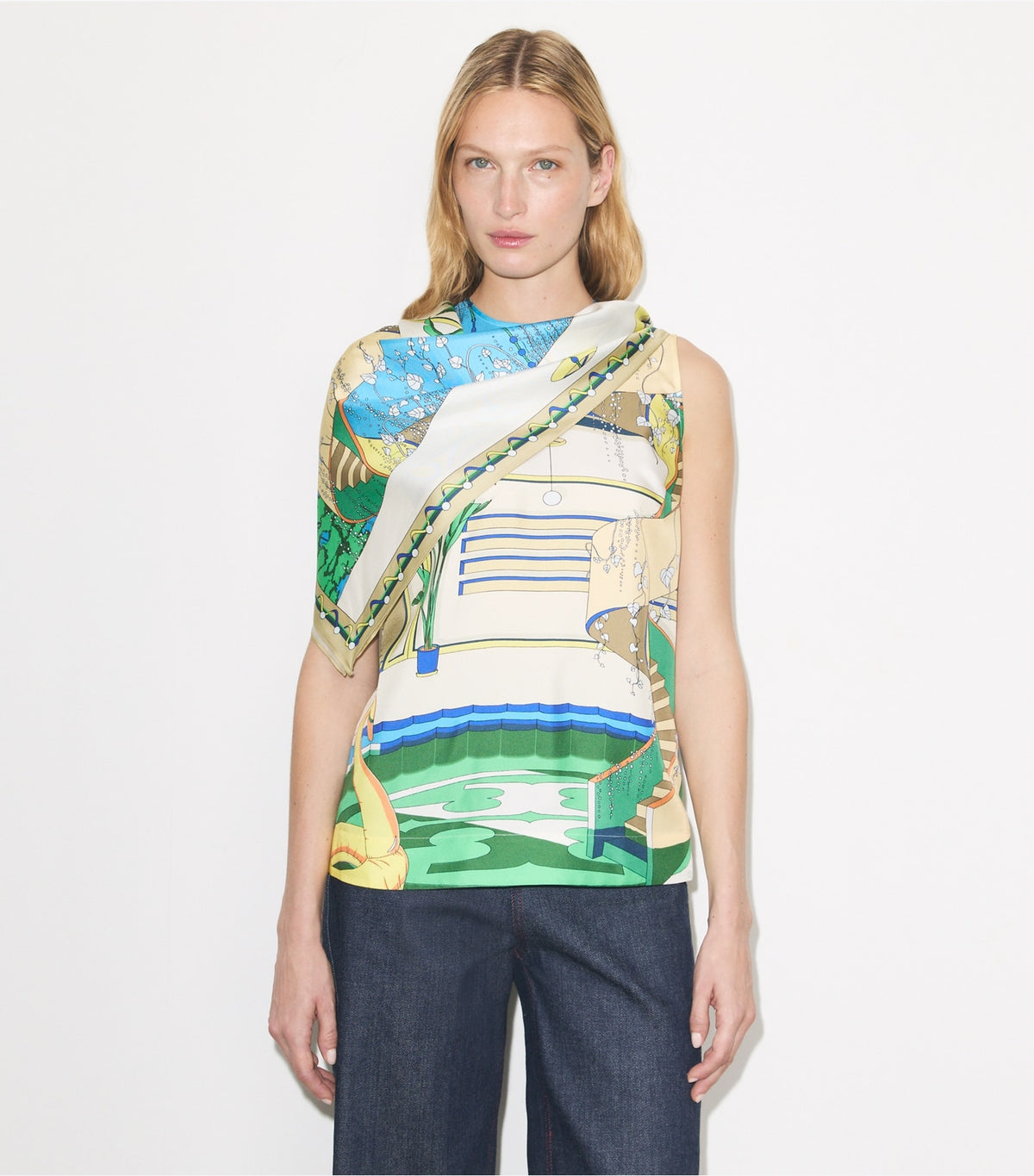 Tory Burch Printed Silk Cape Top - The Pool Blue