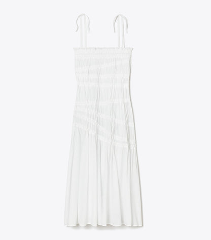 Tory Burch Shoulder Tie Smocked Cotton Dress - White