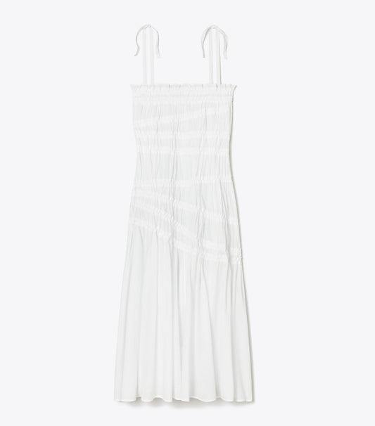 Tory Burch Shoulder Tie Smocked Cotton Dress - White