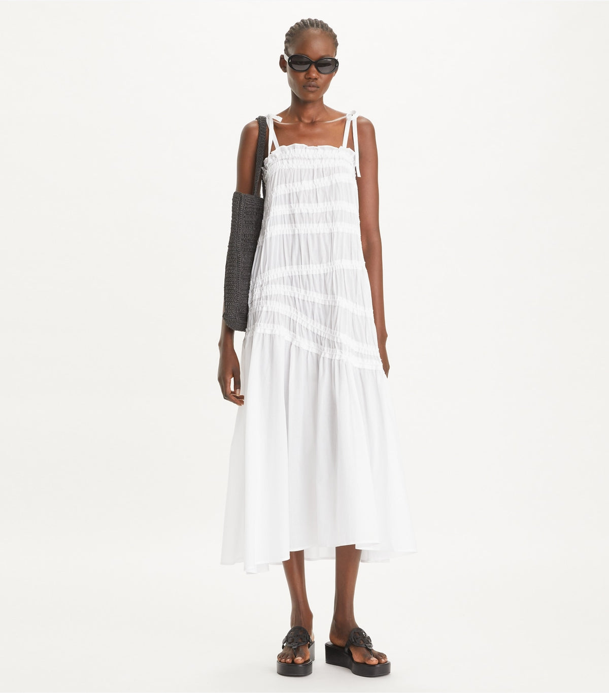 Tory Burch Shoulder Tie Smocked Cotton Dress - White