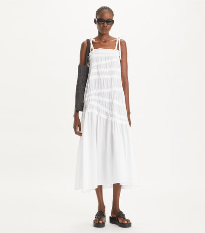 Tory Burch Shoulder Tie Smocked Cotton Dress - White