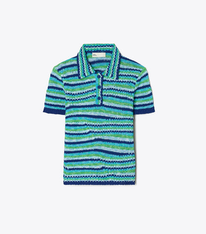 Tory Burch Striped Cotton Polo - Ocean / Light  Blue / Green