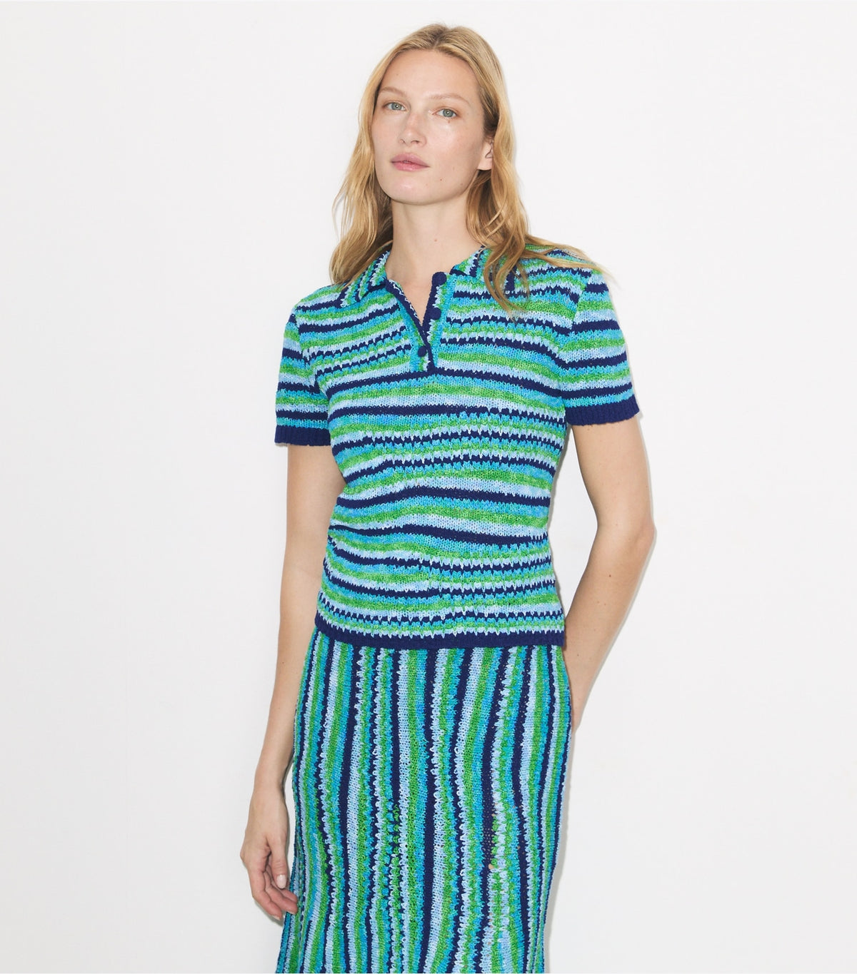 Tory Burch Striped Cotton Polo - Ocean / Light  Blue / Green