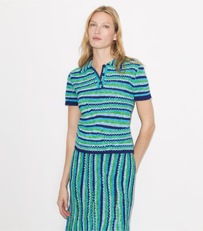 Tory Burch Striped Cotton Polo - Ocean / Light  Blue / Green