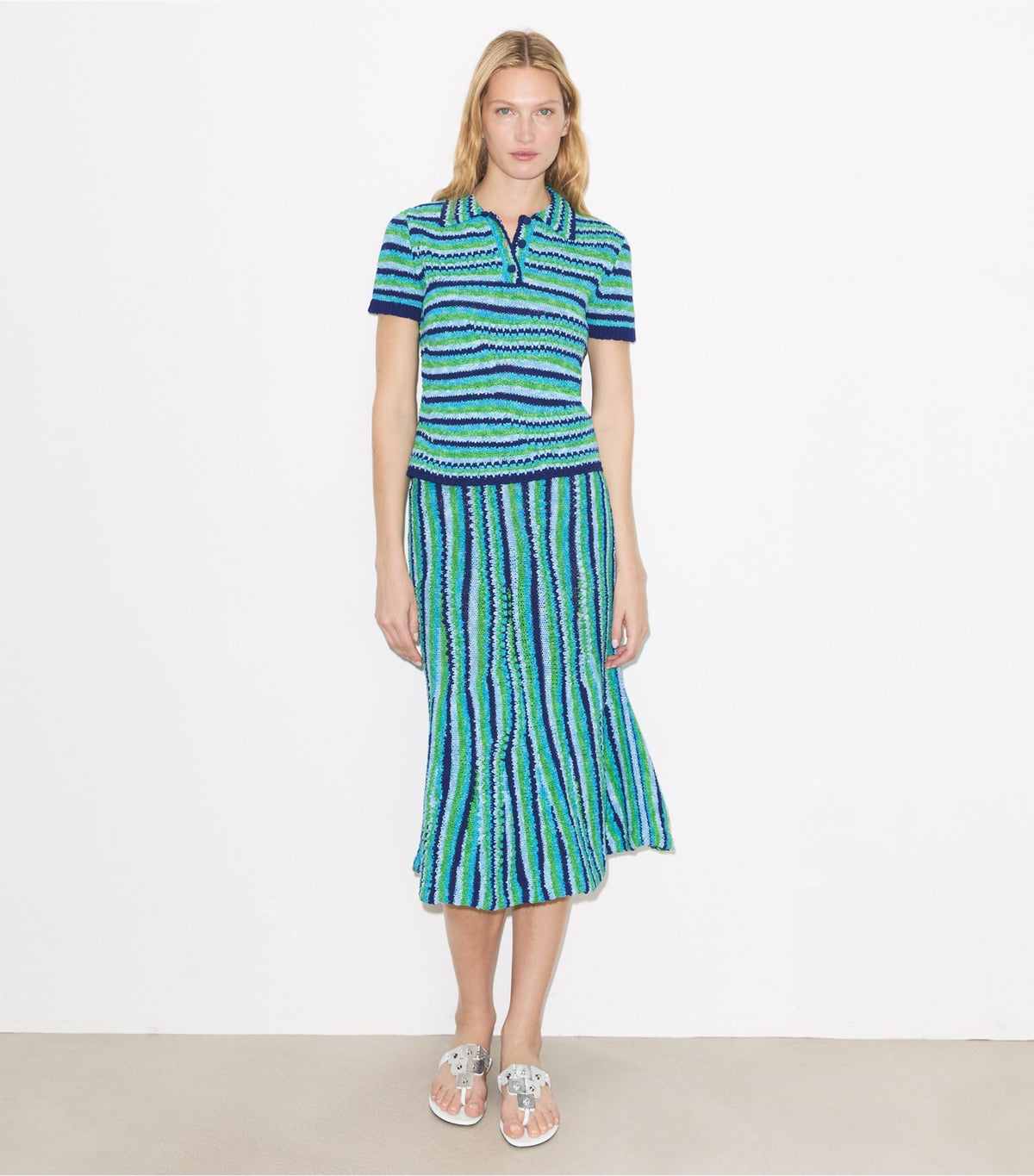 Tory Burch Striped Cotton Polo - Ocean / Light  Blue / Green