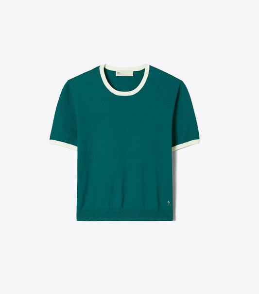 Tory Burch Contrast-Trim Short-Sleeve Sweater - Emerald