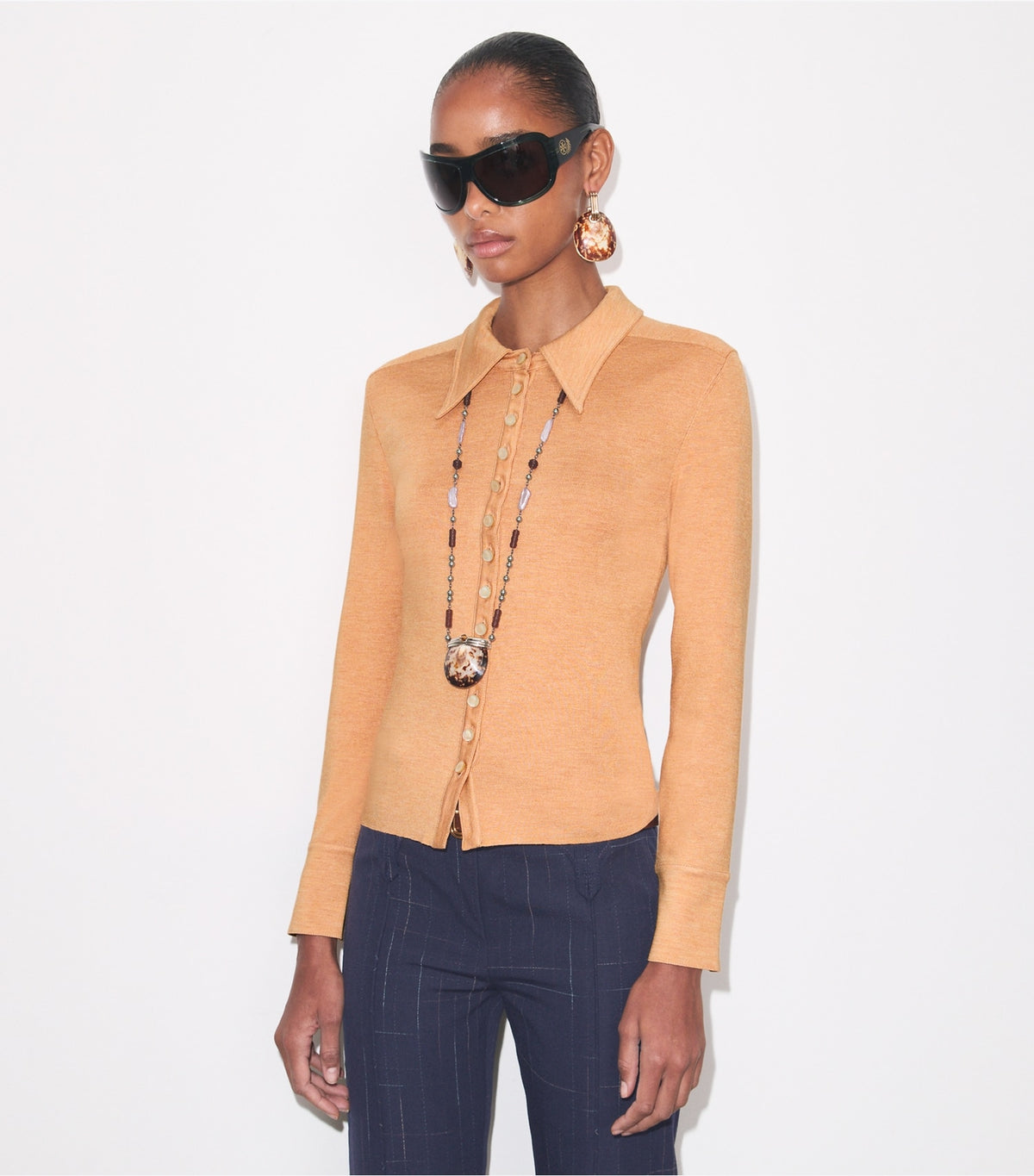Tory Burch Silk Polo Cardigan - Apricot
