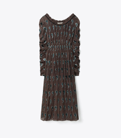 Tory Burch Ruched Velvet Dress - Brown Paisley