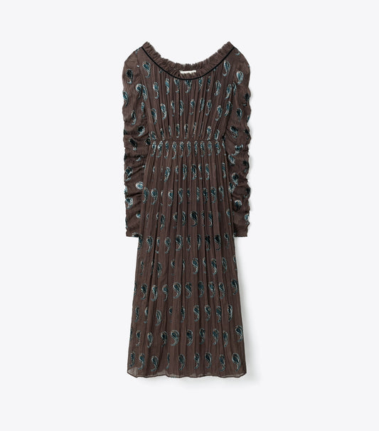 Tory Burch Ruched Velvet Dress - Brown Paisley