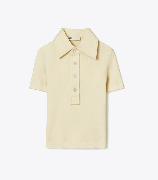 Tory Burch Viscose Ribbed Polo Sweater - Stone