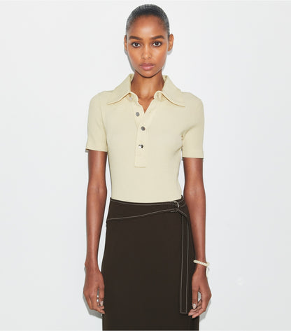 Tory Burch Viscose Ribbed Polo Sweater - Stone