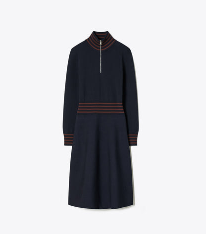 Tory Burch A-Line Turtleneck Zip Dress - Medium Navy / Dark Sangria