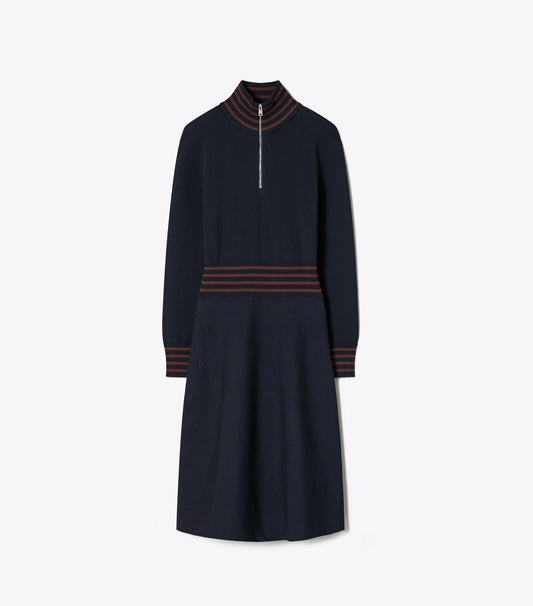 Tory Burch A-Line Turtleneck Zip Dress - Medium Navy / Dark Sangria