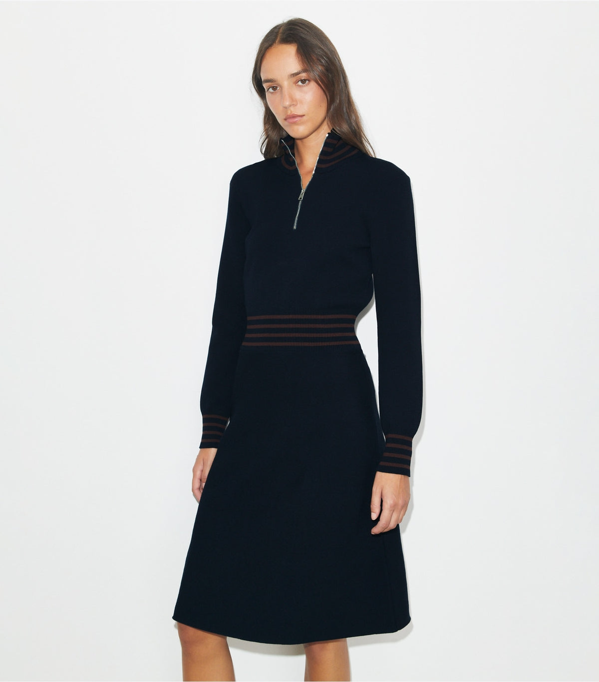 Tory Burch A-Line Turtleneck Zip Dress - Medium Navy / Dark Sangria